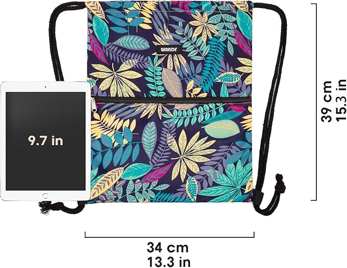 WANDF Drawstring Backpack String Bag Sackpack Cinch Water Resistant Nylon for Gym Shopping Sport Yoga (Blue Leaf.)