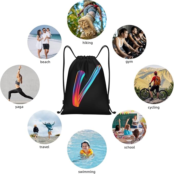 Drawstring Bags Initial Drawstring Backpack Sackpack Black Draw String Cinch Bags for Sports, Gym, Travel, Swimming, Beach, Camping, Rainbow Letter V