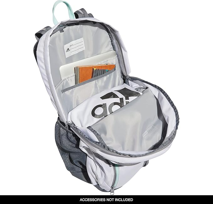 adidas Prime 6 Backpack, White/Orchid Fusion Purple/Semi Flash Aqua Blue, One Size