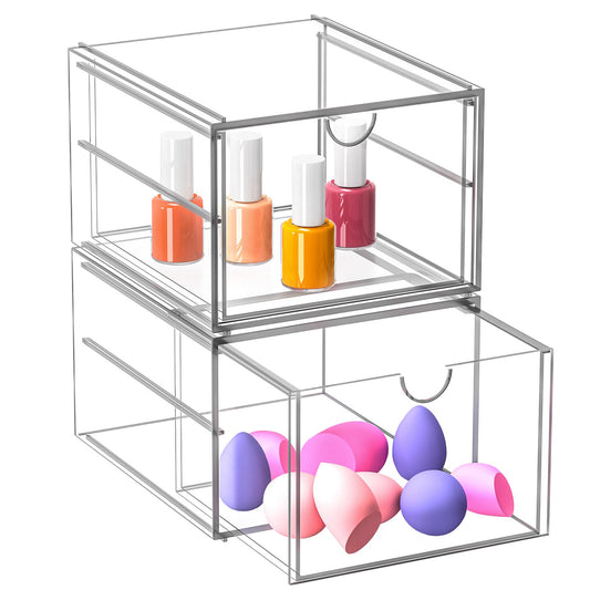 2 Pack Stackable Storage Drawers, Cosmetic Organizer, Acrylic Organiser,Desk Organisers, Dustproof Drawer Storage for Dresser, Bathroom