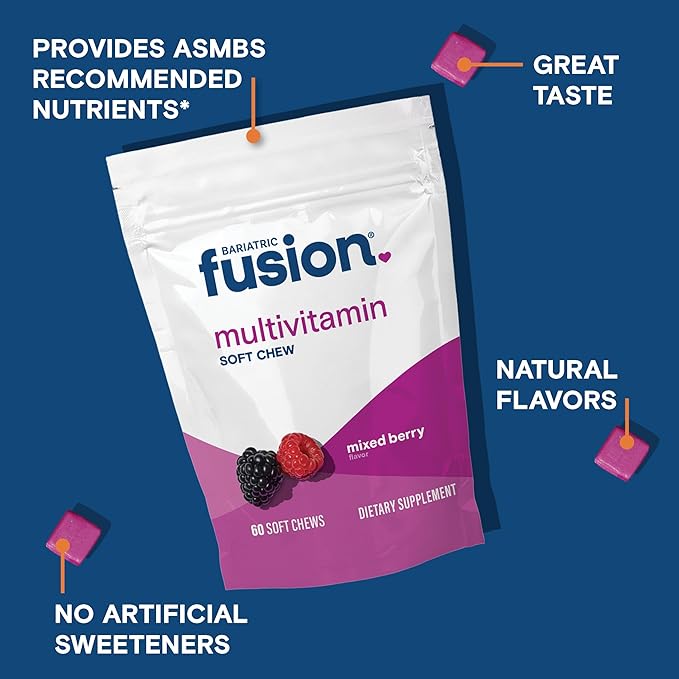 Bariatric Fusion Bariatric Multivitamin Soft Chew | Mixed Berry Fruit Flavor Chewy | Sugar Free Chewable Multivitamin Post Bariatric Surgery | Gastric Bypass and Sleeve | 60 Count | 1 Month Supply