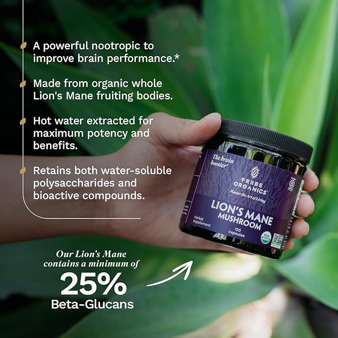 TRIBE ORGANICS Lion’s Mane Supplement 1800mg Mushroom Extract Powder - Immune System Booster & Brain Nootropic for Focus and Memory | Mental Clarity | Natural Energy and Immunity - 120 Vegan Capsules
