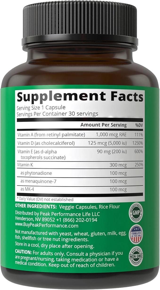 DAKE Vitamin Supplement. Vitamin D 5,000 iu + Vitamin A + Vitamin K + Vitamin E In 1 Vegan Capsule. ADK Vitamin Supplement With E. D3 K2. Essential Vitamins For Mood, Immune, Bone, Vision, Heart
