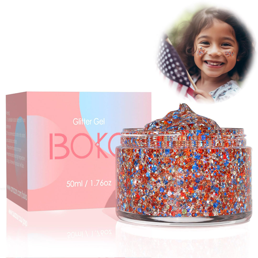 Boko 50ML Body Glitter Gel, Red White Blue Chunky Glitter for Face Hair Body Pride Makeup, Patriotic Glitter for Independence Day Mardi Gras Flag Party Rave Accessories
