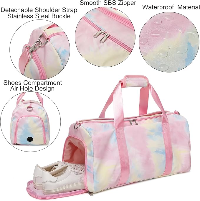 Sports Duffel for Girls Dance Teen Duffle Weekender Gym Travel Ballet Yoga Bags Cheer Bag with Shoe Compartments Pink