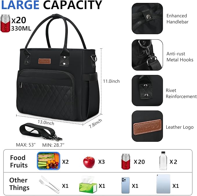 Lunch Bag Lunch Box Women - Leakproof Insulated Lunch Cooler Bag for Men Women - Large Lunch Tote Bags Adults, Black - MIYCOO