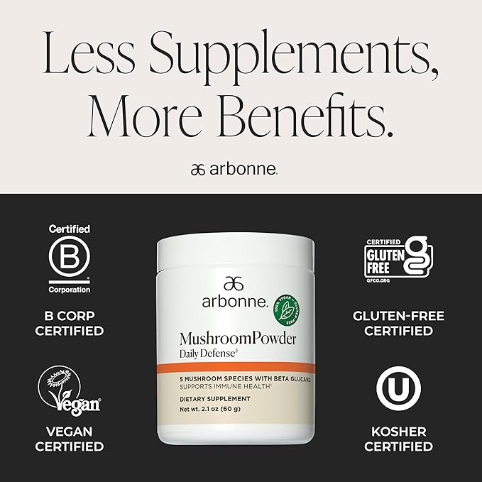 Arbonne Mushroom Powder Daily Defense - Daily Mushroom Supplement Powder Superblend That Supports Immune and Cognitive Health, 100% Organic Mushrooms, 2.1 oz