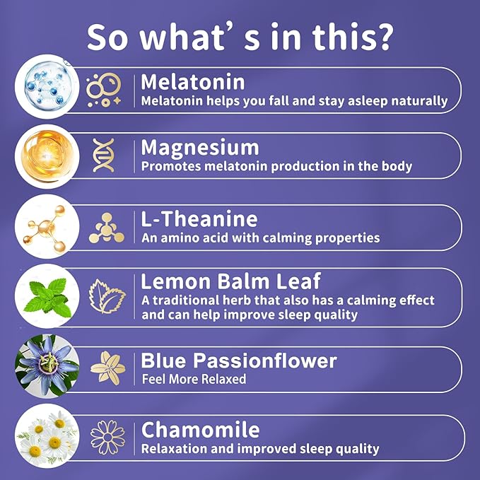 Sleep Gummies with 5mg Melatonin & 50mg Magnesium, L-Theanine, Lemon Balm, Blue Passionflower, Chamomile, Sleep Support, Help for Relaxation, Vegan, Grape Flavor, 90 Count