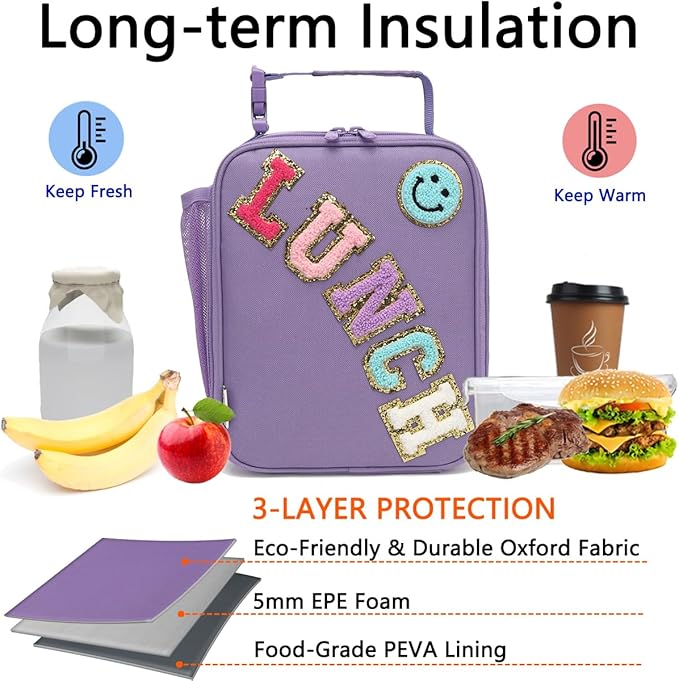 Insulated Lunch Bag for Women Girl Teen large Insulated Kid Lunch Bag,Large Reusable Cute Cooler Bag for School Work Picnic,Purple Alphabet