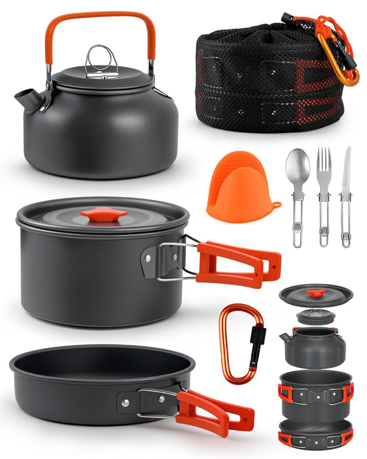Zumhigh Camping Cookware Set - 9 PCS Aluminum Camping Cookware Includes 1.5 Liter Pot, 0.8 Liter Kettle, Pan and More, Portable Cookware Set for 1-3 People, Suitable for Outdoor Camping, Picnic