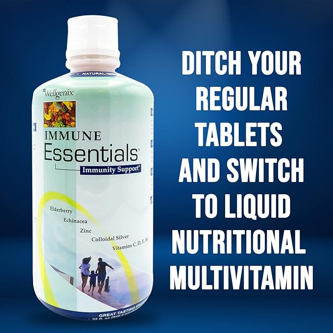 Wellgenix Immune Essentials - Multivitamin Liquid for Men, Women & Kids - Vegan Supplement with Vitamins C, D Elderberry Zinc, Echinacea for Toddler, Kid & Adult 32oz (Pack of 2)