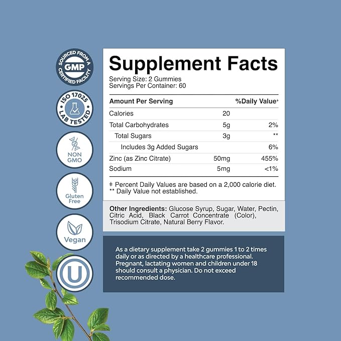 Extra Strength Zinc Gummies for Adults - Chewable Zinc Supplements for Women & Men for Energy & Immune Support - Vitamins & Mineral Supplements - 120 Chews