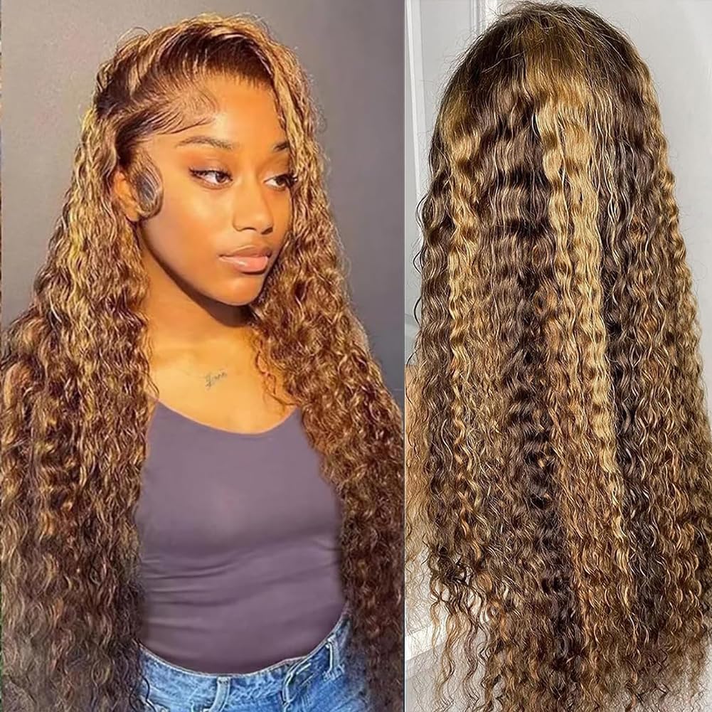Blockice Highlight Ombre Lace Front Wig Human Hair Wigs For Black Women 4/27 Honey Blonde 13X4 Deep Wave Lace Frontal Wig Pre Pl