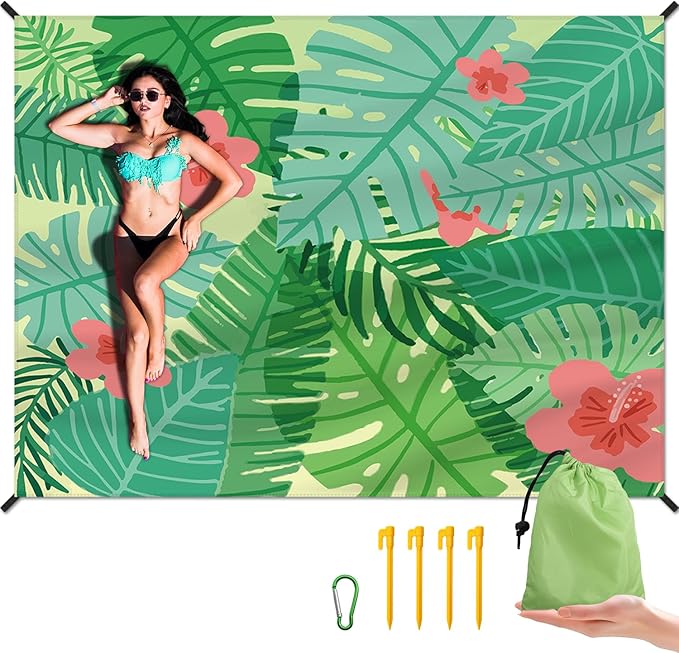 Beach Blanket Waterproof Sandproof Large Beach Mat 83" X 106" for 3-5 Adults Sand Free Mat Quick Drying,Lightweight & Durable with 4 Stakes & 4 Corner Pockets for Beach Camping .(Green)