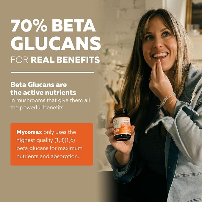 Organic Cordyceps Mushroom Extract - 70% Beta Glucans - Highest Active Nutrient Levels, Max Potency Cordyceps Capsules, US Grown + Ultrasonic Extraction - Performance, Immunity & Energy - 60 Capsules