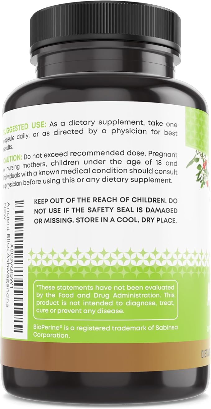 Ancient Bliss Ashwagandha with L-Theanine & Black Pepper Extract Capsules, Energy & Natural Mood Support Supplement, Focus Supplement for Adults