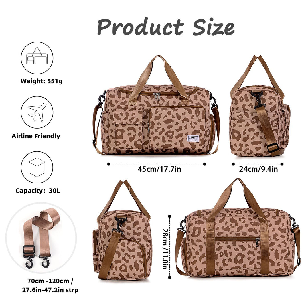 FIORETTO Women's Water-Resistant Gym Duffle Bag with Shoes Compartment, 37L Capacity, Multi-Functional, Ideal for Travel, Gym, Sports, Weekender, Leopard Print