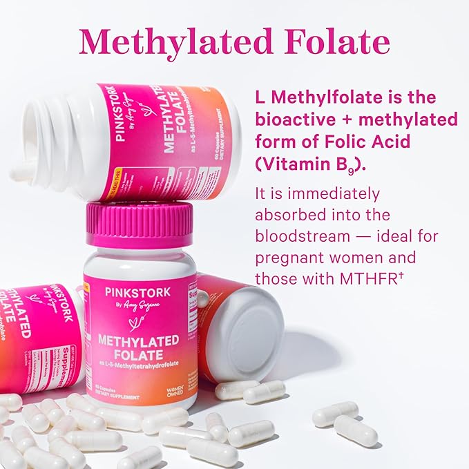 Pink Stork Folate: Methyl Folate - MTHFR Acid, Natural Form of Folic Acid for Pregnancy, Formulated for Mom + Baby, Women-Owned, 60 Capsules (Packaging May Vary)