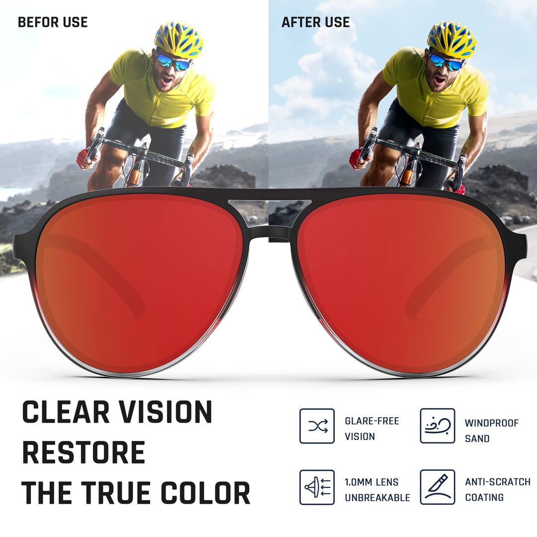 TOREGE Aviator Sunglasses Polarized Sunglasses for Men Women Sports Glasses Fishing Boating Beach Golf Driving TR75(Black Red Transparent Gradient&Black Red Lens C11)