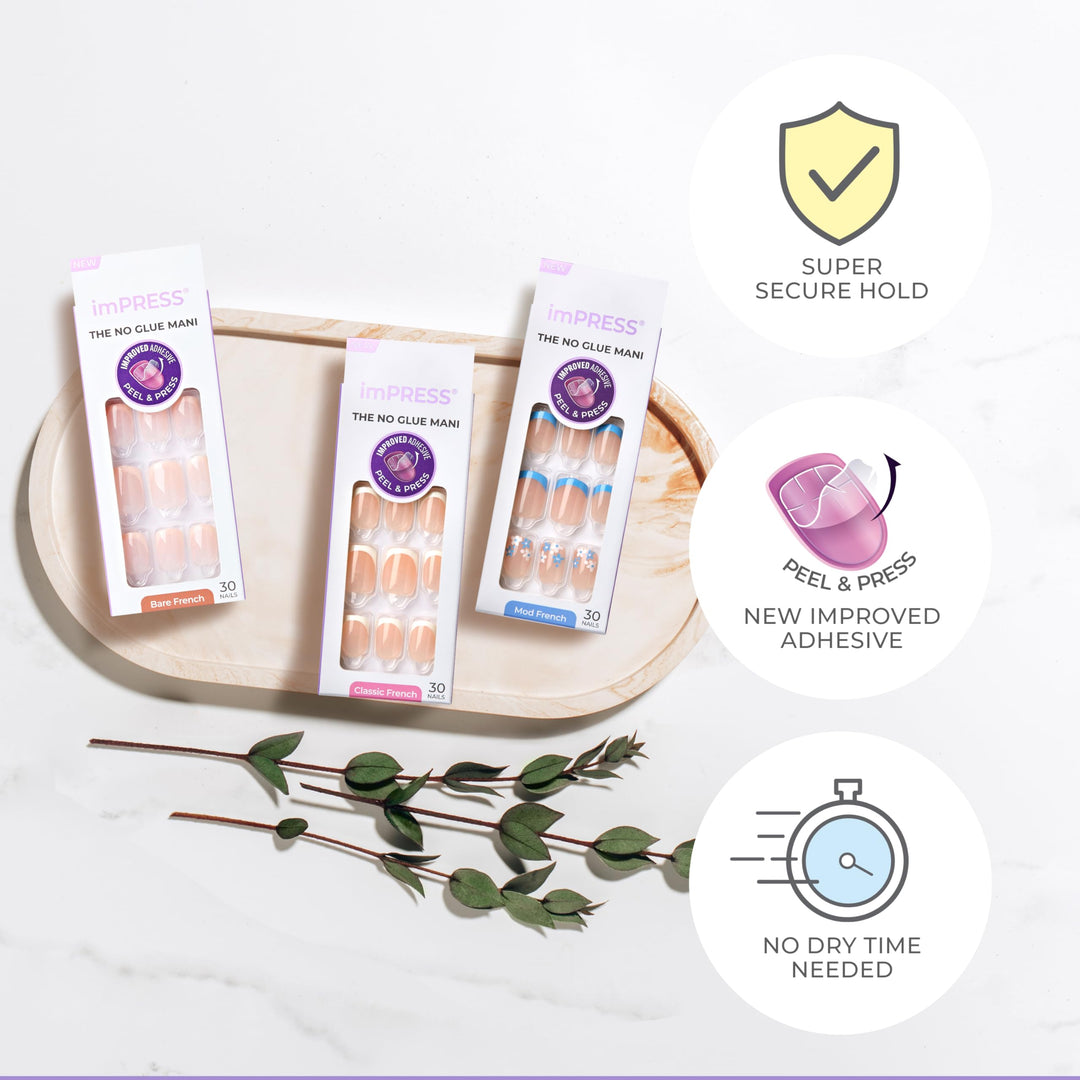 KISS imPRESS No Glue Mani Press-On Nails, French, 'Model', Light Neutral + White Tip French, Short Size, Squoval Shape, Includes 30 Nails, Prep Pad, Instructions Sheet, 1 Manicure Stick, 1 Mini File