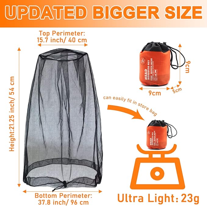 Benvo Mosquito Head Net Mesh, Face Neck Fly Netting Hood from Bugs Gnats Noseeums Screen Net for Any Outdoor Lover- with Carry Bags Fits Most Sizes of Hats Caps (2pcs, Black and Grey, Updated Big Net)
