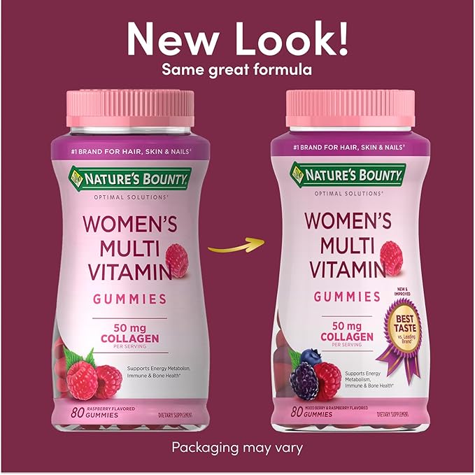 Nature's Bounty Optimal Solutions Women's Multivitamin, Immune and Cellular Energy Support, Bone Health, Raspberry Flavor, 80 Gummies, 40 Total Servings