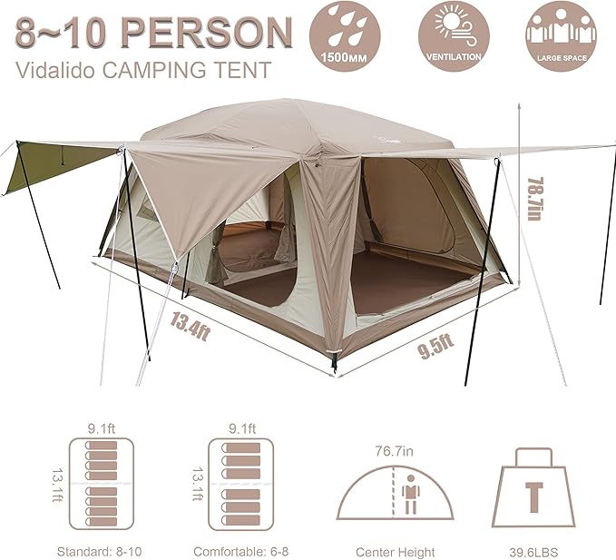 Vidalido 8-10 Person Camping Tent with 3 Door 2 Room Large Family Cabin Tents, Double Layer Waterproof Portable Glamping Tent, Big Tents for Outdoor Picnic Camping Hiking and Family Gathering