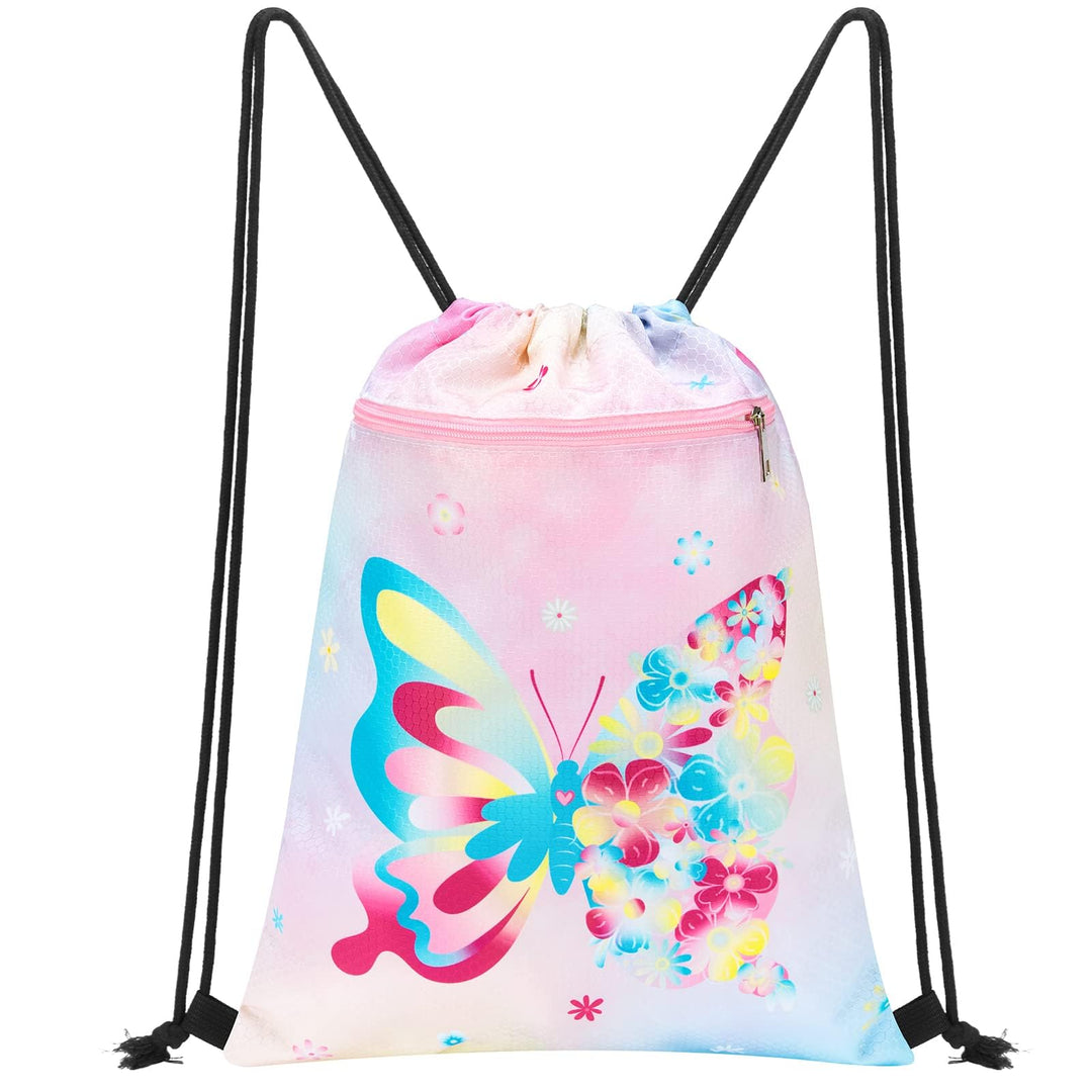 WAWSAM Butterfly Drawstring Backpack for Kids - 13" x 18" Sports Gym Bag for Girls Waterproof Beach Swimming Travel Sackpack Birthday Christmas Gift with Zippered Pocket