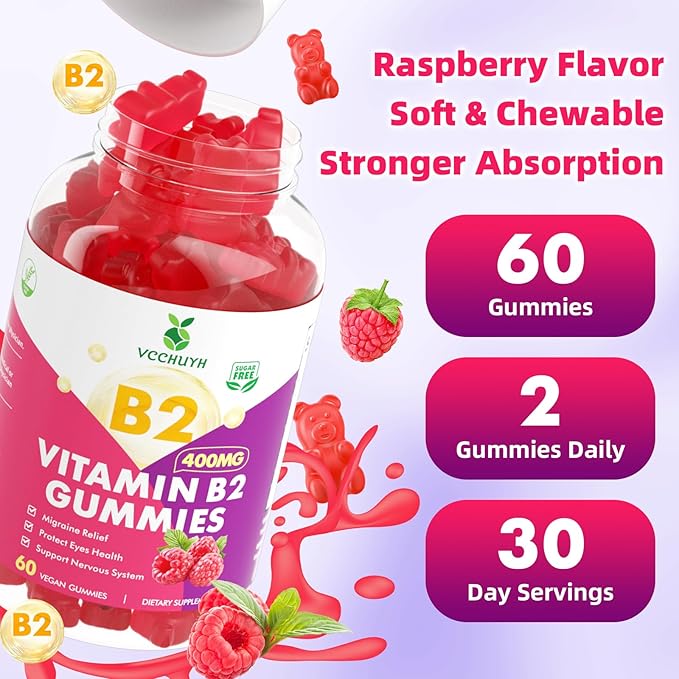 Vitamin B2 Gummies for Kids & Adults, VIT B2 Riboflavin 400mg Supplement with Magnesium for Migraine Relief & Nervous System Support, Non-GMO, Vegan, Raspberry Flavor 120 Count