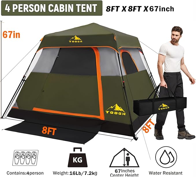 3/4 Person/6 Person Camping Tent Fast Cabin Tent with Instant Setup Tent, Weatherproof Tent Easy Quick Set Up & Pop Up in 60 Seconds with Rainfly Backpack for Family Camping,Upgraded Ventilation