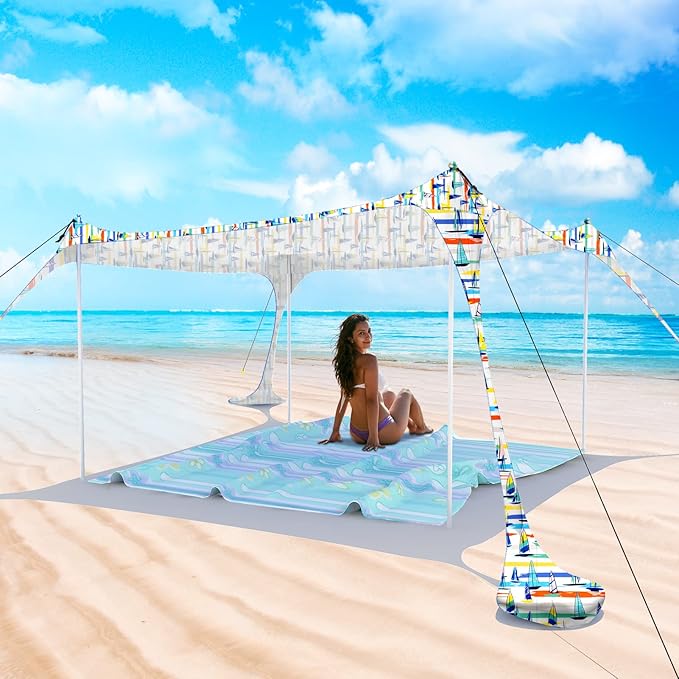 Beach Tent Pop Up Sun Shade Canopy Sun Shelter UPF50+ with 4 Stability Poles/Carry Bag/Ground Pegs/Sand Shovel/Windproof Ropes Portable Outdoor Family Sunshade for Beach Camping Fishing Picnic