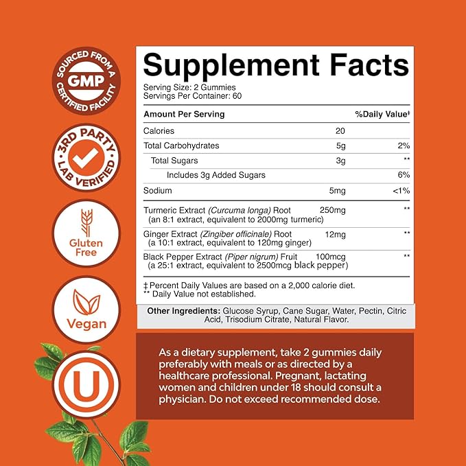 Turmeric Gummies for Adults Peach Flavor - Extra Strength Joint Support Gummies with Turmeric Curcumin with Black Pepper Extract and Ginger - and Ginger Peach Vitamins for Adults