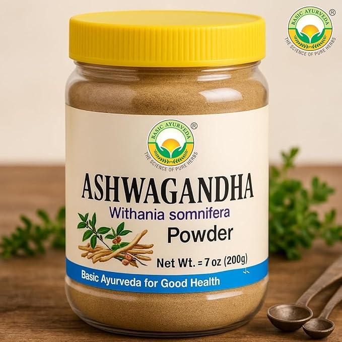 BASIC AYURVEDA Ashwagandha Powder | Pure Withania Somnifera Root | Natural Adaptogen for Daily Routine | Use in Juices, Shakes, Herbal Recipes | 7.05 Oz (200g)