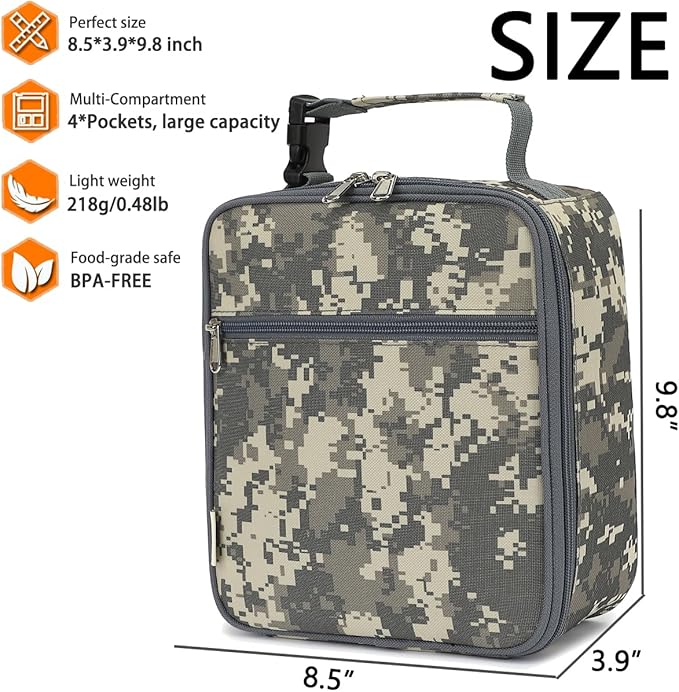 Lunch Box for Kids Boys Girls Men Women, Insulated Small Soft Cooler Lunch Bag Kit for School Work Picnic Travel - Reusable Portable lunchbox,Grey Camouflage