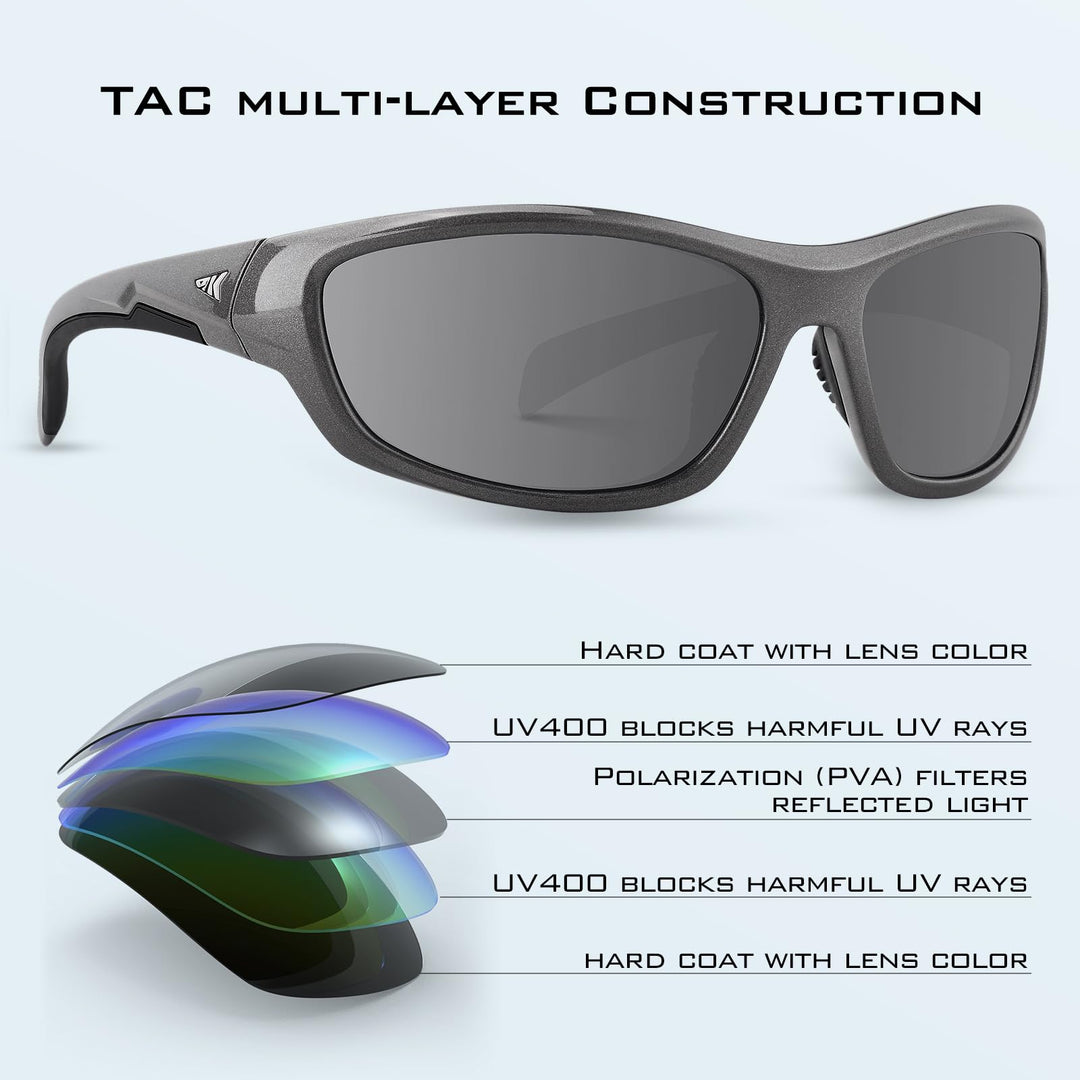 KastKing Hiwassee Polarized Sport Sunglasses for Men and Women, Gloss Metalic Gun, Smoke - Silver Mirror