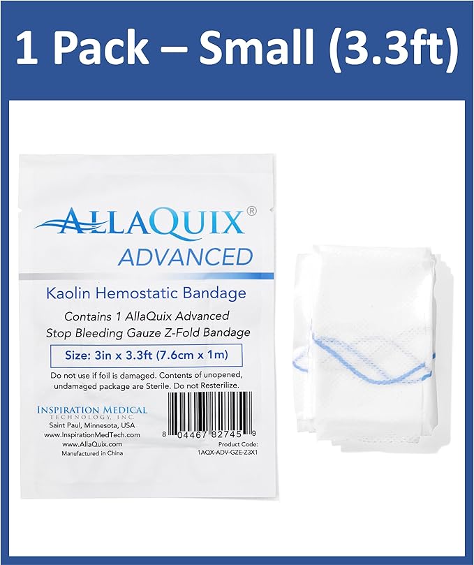 Advanced Kaolin Hemostatic Bandage – Sterile Z-Fold Clotting Gauze (3 in. x 3.3 ft) | Stops Bleeding Fast for Emergency, Trauma, First Aid, and Survival Kits (1-Pack)