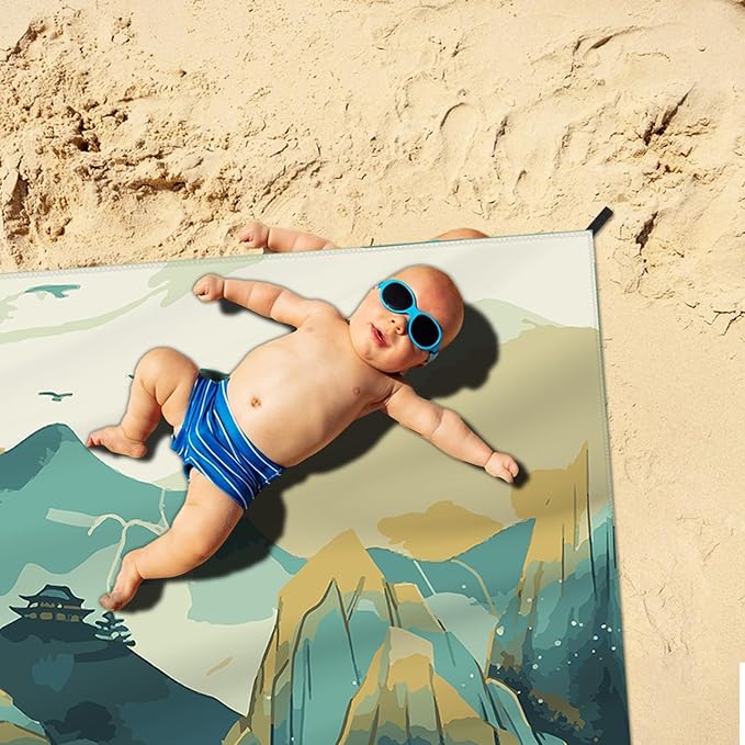 Beach Blanket Waterproof Sandproof Large Beach Mat 83" X 106" for 5-7 Adults Sand Free Mat Quick Drying,Oversized,Lightweight & Durable with 4 Stakes & 4 Corner Pockets for Beach Camping .(Mountain)