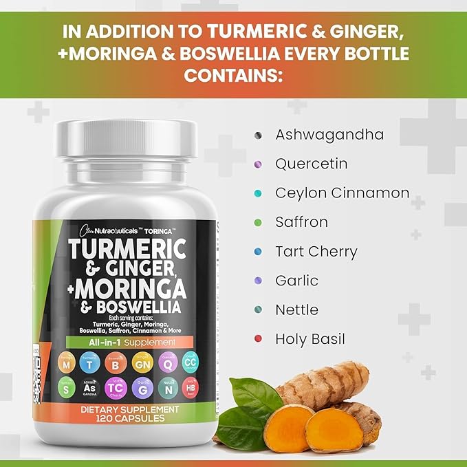 Turmeric Moringa Supplement | Ginger Boswellia Saffron - Supplement for Women and Men with Ceylon Cinnamon, Tart Cherry, Quercetin Garlic Nettle Holy Basil - 5Pack