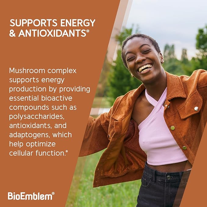 BioEmblem Mushroom Complex - 10:1 Strength and 7 Species - Lions Mane, Reishi, Cordyceps, Chaga, Maitake, Shiitake Mushroom Supplement - Immunity, Energy & Focus, Brain - Non-GMO, Vegan - 90 Caps
