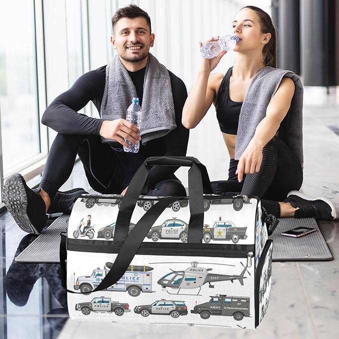 Police Car Dry Wet Depart Duffle Overnight Bag with Shoes Compartment & Wet Pockets, Policeman Motorbike Water Resistant Weekender Travel Gym Pouch For Swim Gymnastics Ballet Sleepovers