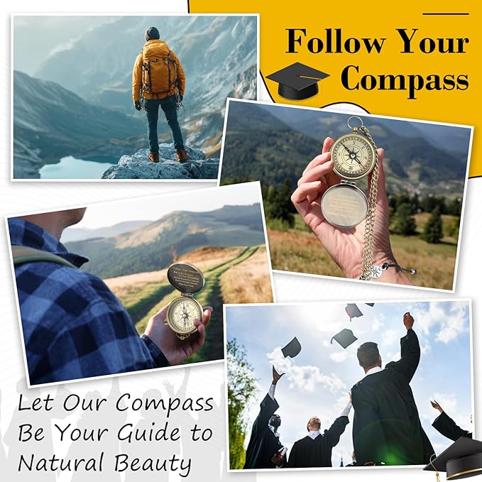 Compass Gift Set Engraved Compass with Chain Souvenir Present Bracelet with Greeting Card Walnut Wooden Box Gift Box for Women Men Friends Party Souvenir Favors
