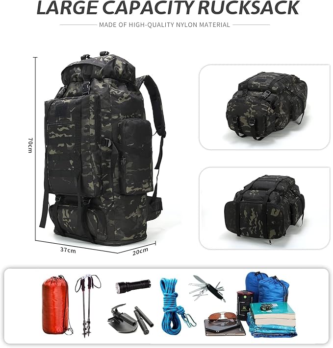 70L/100L Hiking Camping Backpack MOLLE Rucksack Waterproof Daypack for Traveling (Black CP)
