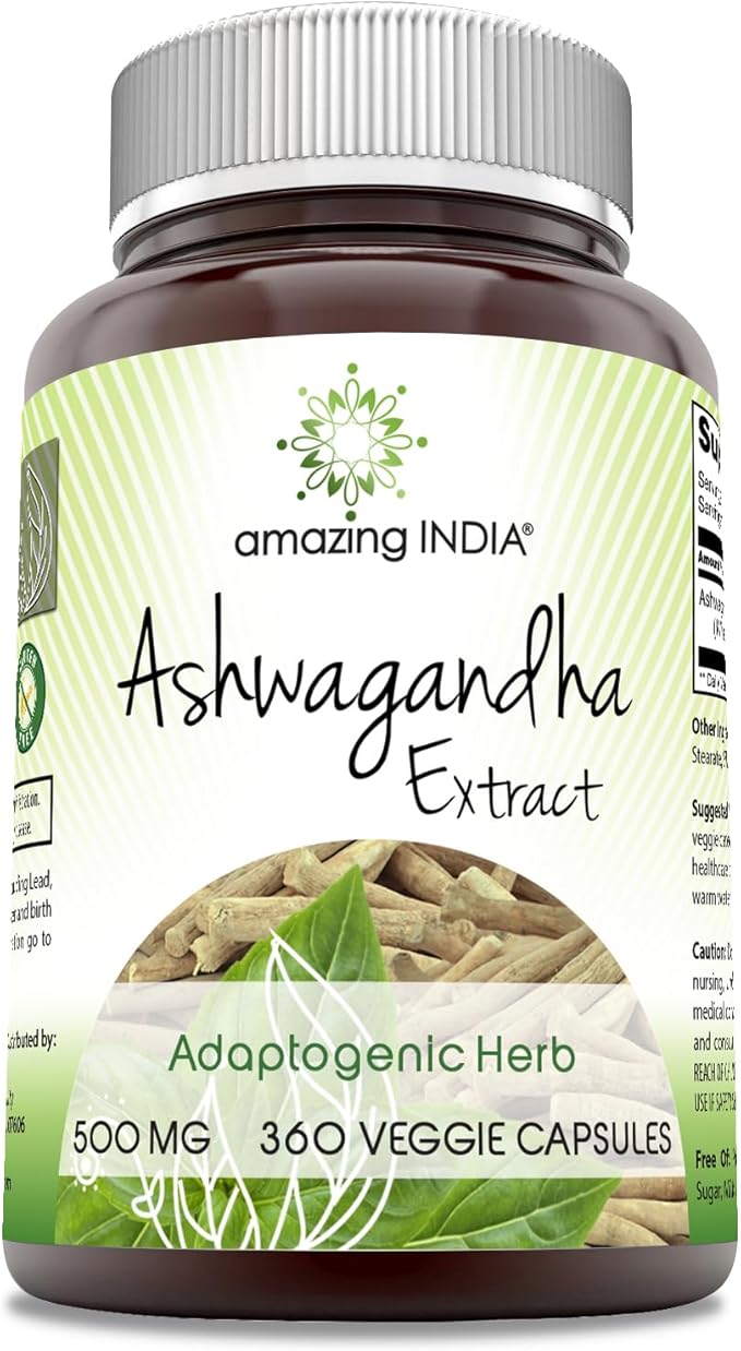 Amazing India Ashwagandha Extract 500 Mg Veggie Capsules Supplement | Non-GMO | Gluten Free (360 Count)