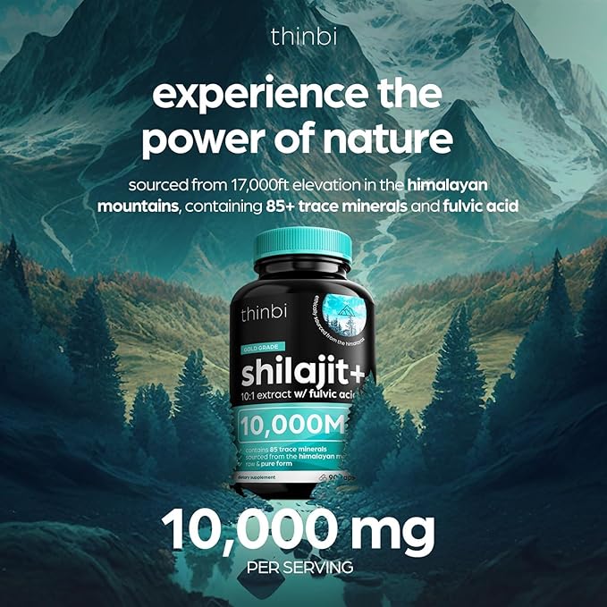 Thinbi Pure Himalayan Shilajit 10000mg Maximum Potency Organic Capsules 90 Count with Fulvic Acid & Trace Minerals for Enhanced Energy and Immune Support Men & Women Better Than Shilajit Resin
