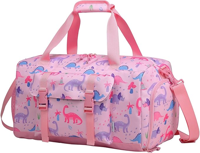Kids Overnight Duffel Bags,Kasqo Girls Dance Bag Water Resistant Sports Gym Ballet Bag for Teens Sleepover Travel Bag Weekender Carry On Tote with Shoes Compartment Dry Wet Pocket,Pink Dinosaur
