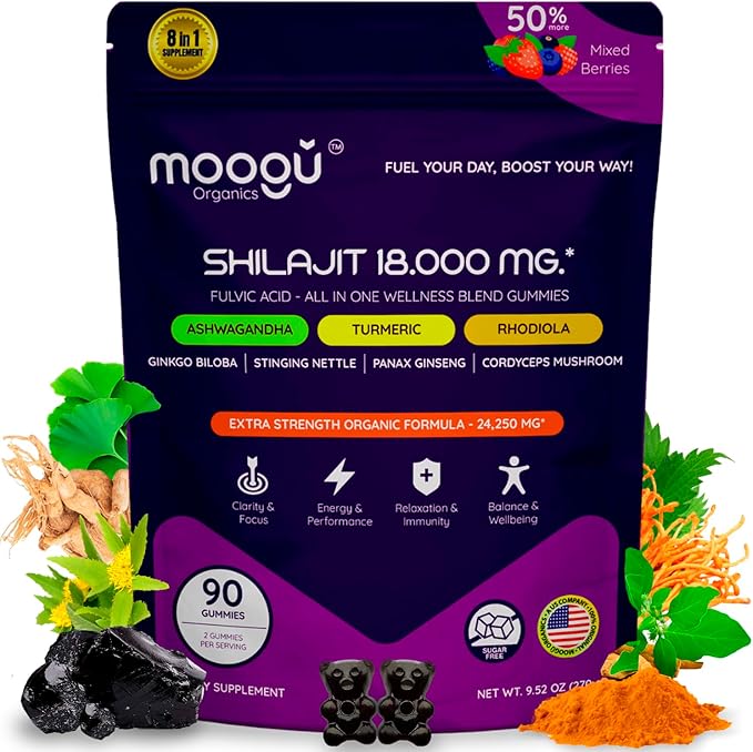 18,000mg Moogu Pure Himalayan Shilajit (90 Gummies) Ashwagandha, 75%+ Fulvic Acid & 85+ Trace Minerals I Men,Women I Panax Ginseng, Rhodiola, Turmeric, Gingko, Biloba, Cordyceps, Stinging Nettle.