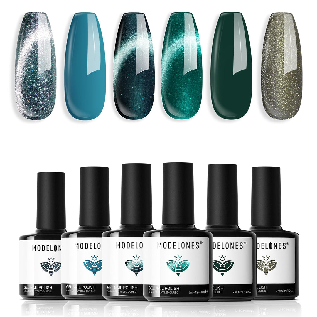 modelones Gel Nail Polish Set, 6 Colors Blue Green Collection Sparkle Reflective Glitter Gel Polish Dark Blue 9D Cat Eye Nail polish Spring Summer with Magnet Soak Off LED Nail Art Kit DIY