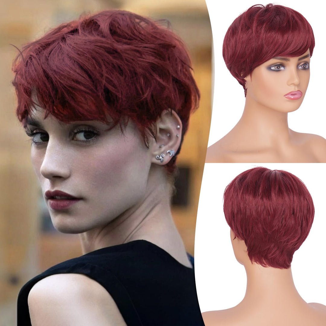 Feshfen Pixie Cut Wigs Synthetic Short Burgundy Pixie Haircut Wig With Bangs Glueless Layered Wig Wavy Wigs For Women