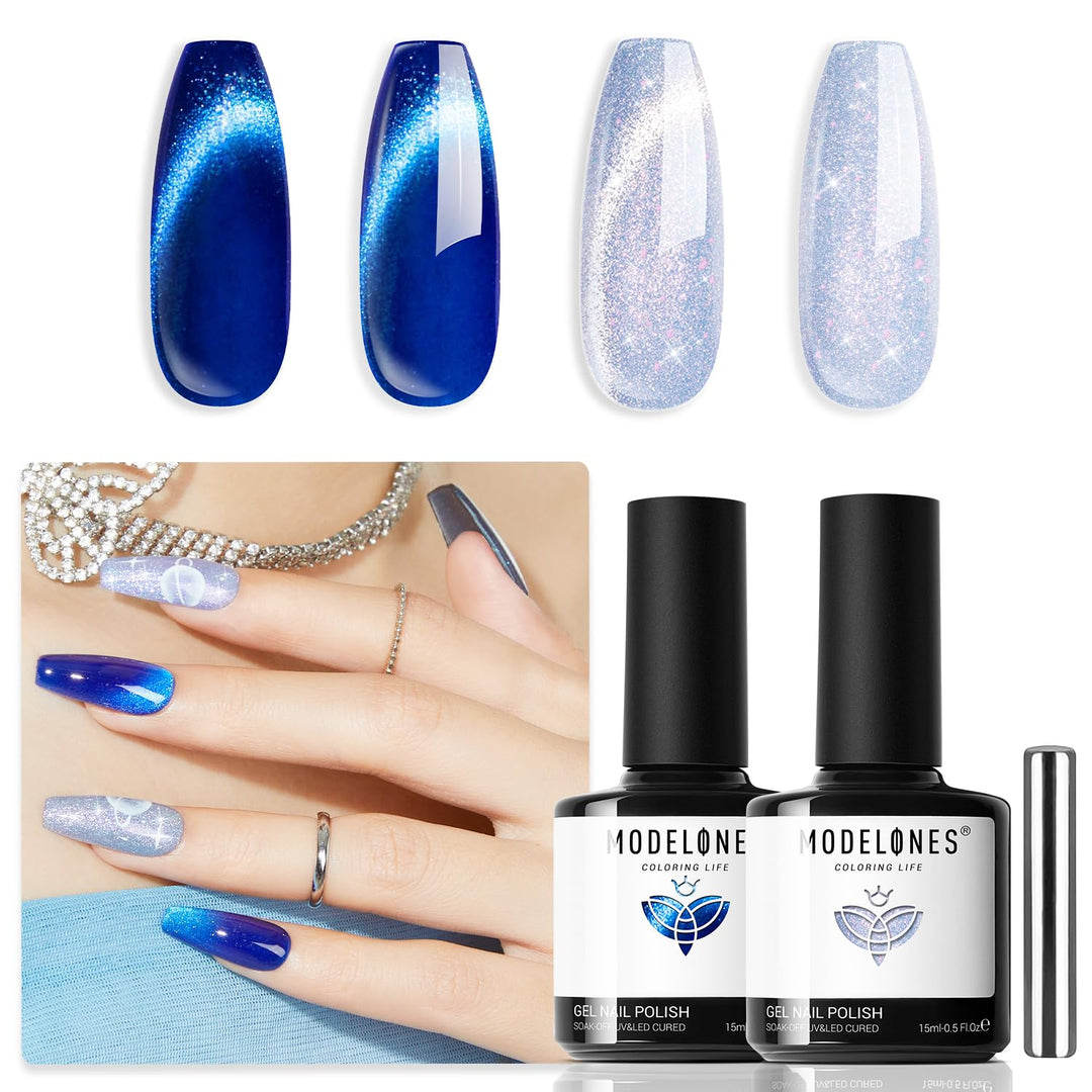 modelones Gel Nail Polish Set 2 PCS 15 ML Blue Cat Eye Gel Nail Polish Glitter Galaxy Dark Blue 9D Nail Gel Polish With Magnet Light Blue White Shimmer Soak Off Led Nail Art Gel DIY Salon For Women