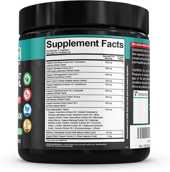 Clean Nutra Sea Moss Capsules with Ashwagandha, Black Seed Oil, Burdock Root, Bladderwrack, Moringa, Chlorella, Spirulina, Turmeric, Elderberry, Amla – 90 Vegan Capsules – MiracleMin